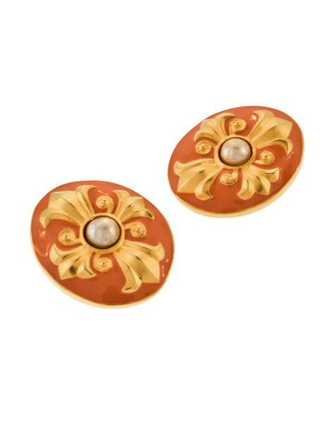 Karl Lagerfeld Vintage Massive Golden Fleur de Lis Coral Enamel Pearl Earrings