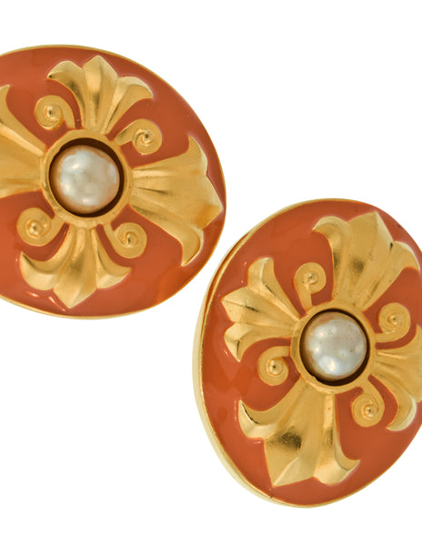 Karl Lagerfeld Vintage Massive Golden Fleur de Lis Coral Enamel Pearl Earrings