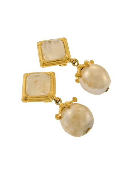 Karl Lagerfeld Vintage Golden Marbled Glass and Dangling Pearl Earrings