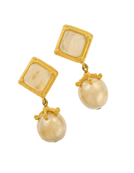 Karl Lagerfeld Vintage Golden Marbled Glass and Dangling Pearl Earrings