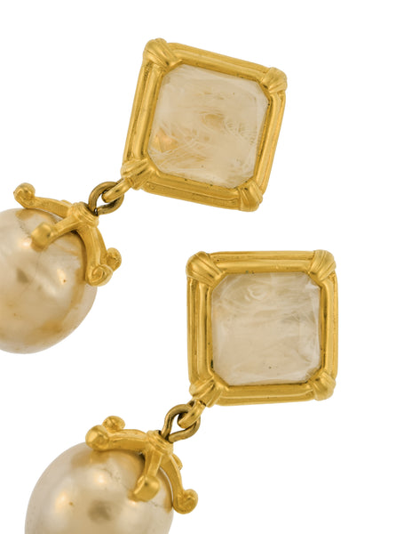 Karl Lagerfeld Vintage Golden Marbled Glass and Dangling Pearl Earrings