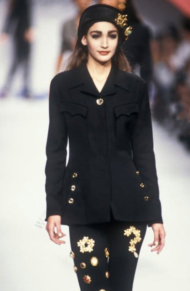 Karl Lagerfeld Vintage SS 1991 Massive Brushed Gold Black Cabochon Flower Statement Earrings
