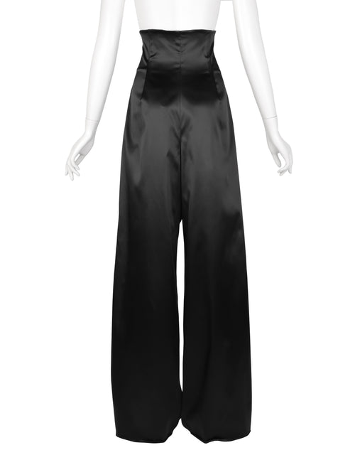 Krizia Vintage Ultra High Waist Wide Leg Black Satin Pants