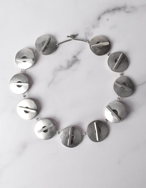 Krizia Vintage Matte Silver Toggle Disc Necklace