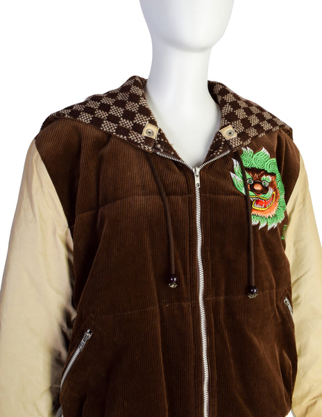Kansai Yamamoto Vintage AW1981 Brown Corduroy Knit Embroidered Hooded Jacket