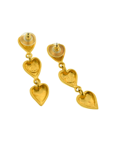 Karl Lagerfeld Vintage Golden Matte Triple Heart Dangle Earrings