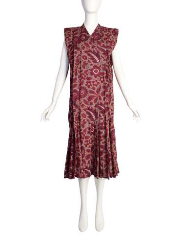 Kenzo Vintage SS 1985 Burgundy Grey Floral Pleated Cotton Jacquard Dress