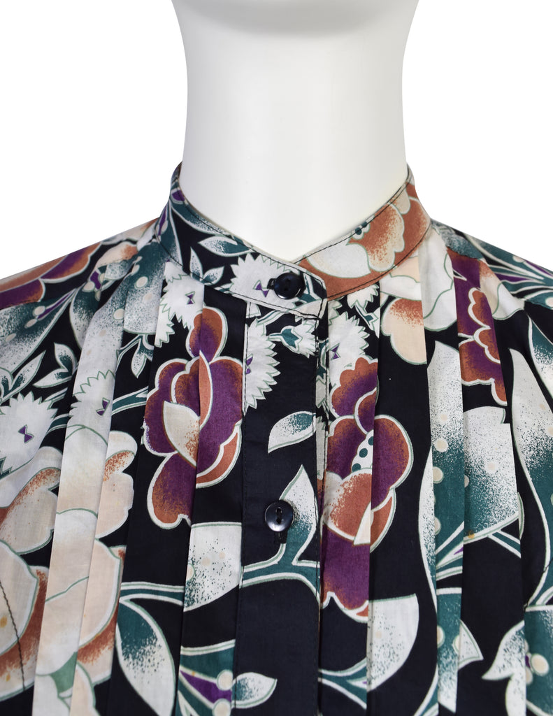 Kenzo Vintage 1980s Black Multicolor Floral Pleated Cotton Shirt