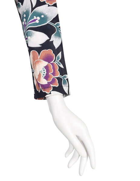 Kenzo Vintage 1980s Black Multicolor Floral Pleated Cotton Shirt