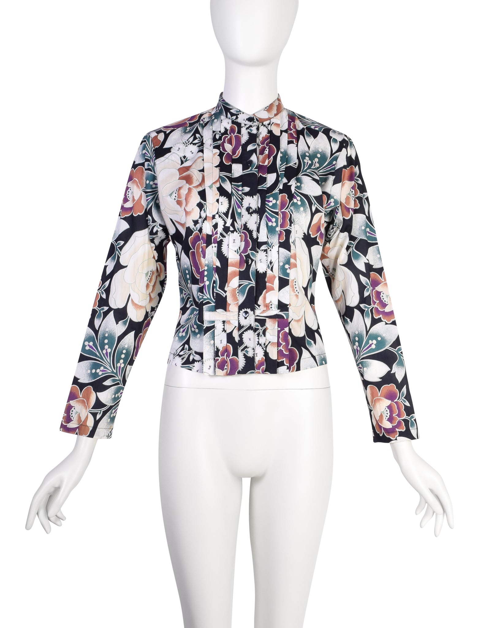 Kenzo Vintage 1980s Black Multicolor Floral Pleated Cotton Shirt