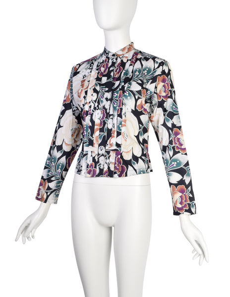 Kenzo Vintage 1980s Black Multicolor Floral Pleated Cotton Shirt
