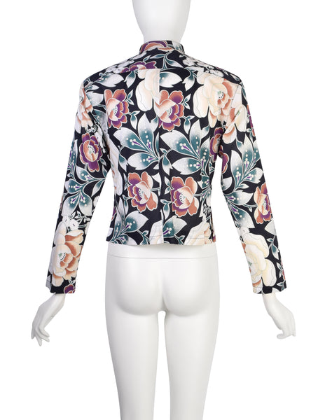 Kenzo Vintage 1980s Black Multicolor Floral Pleated Cotton Shirt