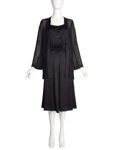 Krizia Vintage 1970s Black Sequin and Beaded Music Note Embellished Silk Dress and Duster Ensemble