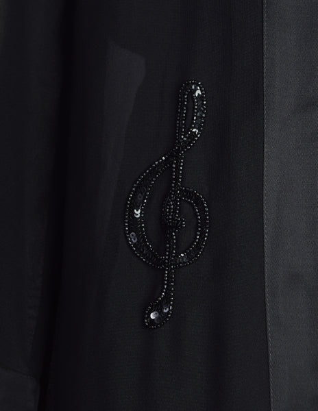 Krizia Vintage 1970s Black Sequin and Beaded Music Note Embellished Silk Dress and Duster Ensemble