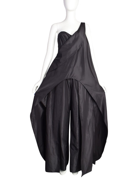 Krizia Vintage Archival Black Silk Taffeta Palazzo One Shoulder Jumpsuit