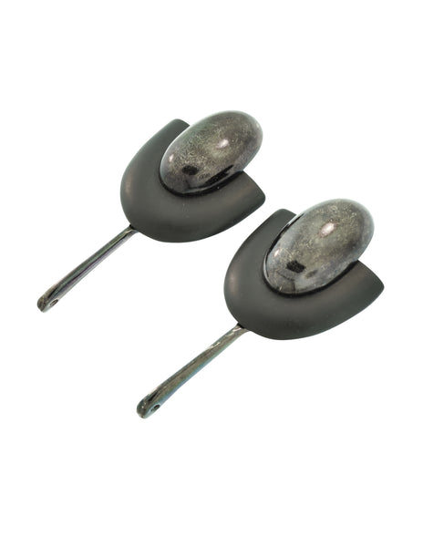 Krizia Vintage Black Metallic and Matte Oversized Abstract 'Tulip' Ceramic Statement Earrings