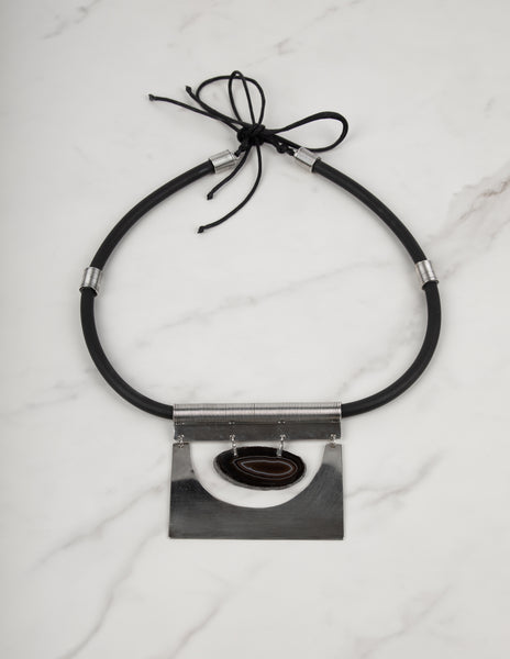 Krizia Vintage Large Agate Plate Rubber Statement Necklace