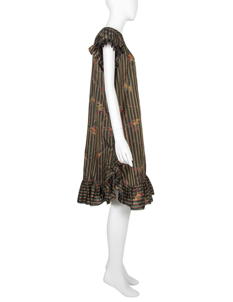 Laura Biagiotti Vintage Fairy Print Striped Silk Ruffle Dress