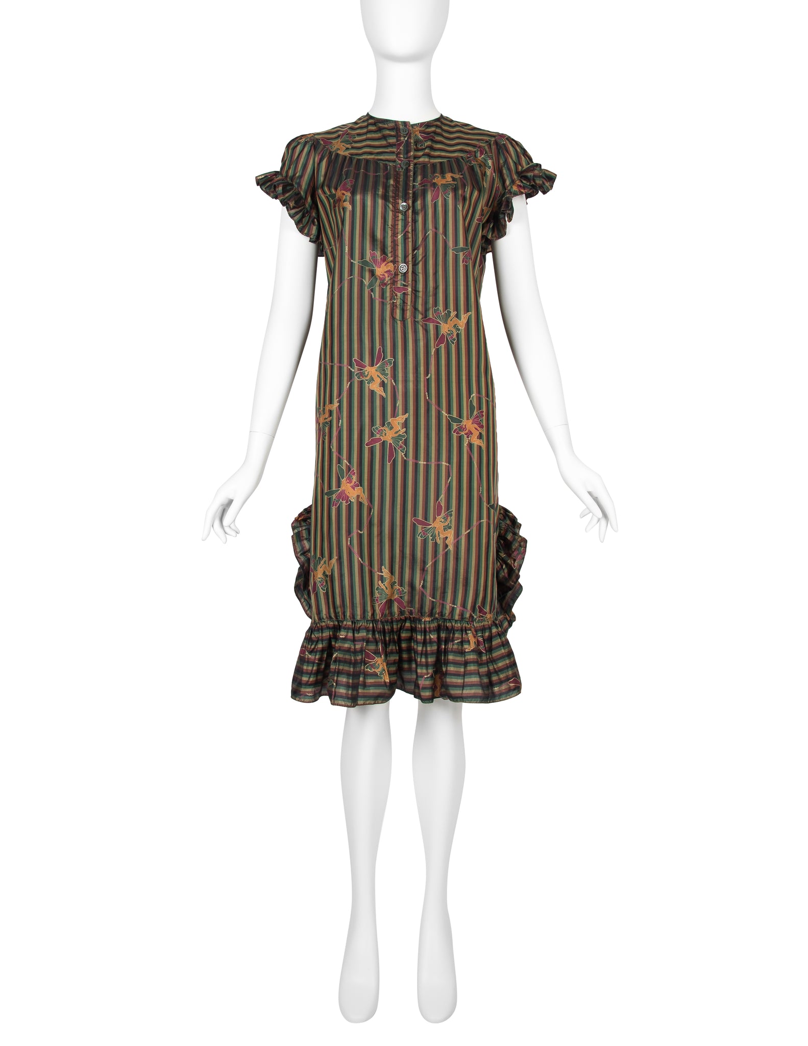 Laura Biagiotti Vintage Fairy Print Striped Silk Ruffle Dress