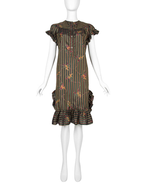 Laura Biagiotti Vintage Fairy Print Striped Silk Ruffle Dress