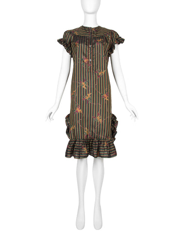 Laura Biagiotti Vintage Fairy Print Striped Silk Ruffle Dress