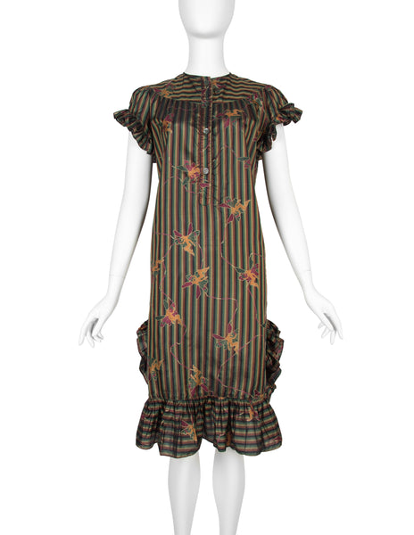 Laura Biagiotti Vintage Fairy Print Striped Silk Ruffle Dress