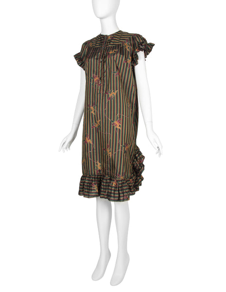Laura Biagiotti Vintage Fairy Print Striped Silk Ruffle Dress