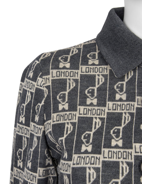 Escalation Vintage Early 1970s Grey London Bunny Novelty Sweater