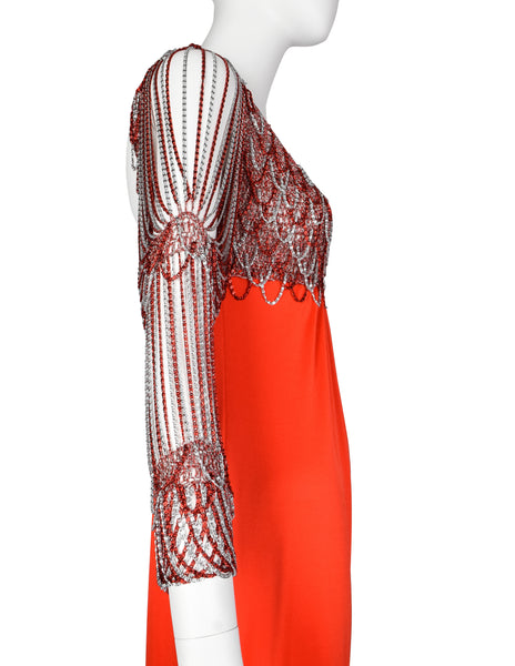 Loris Azzaro Vintage 1971 Couture Crochet Chain Red Gown with Matching Hooded Cape
