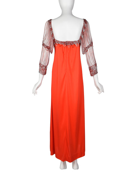 Loris Azzaro Vintage 1971 Couture Crochet Chain Red Gown with Matching Hooded Cape