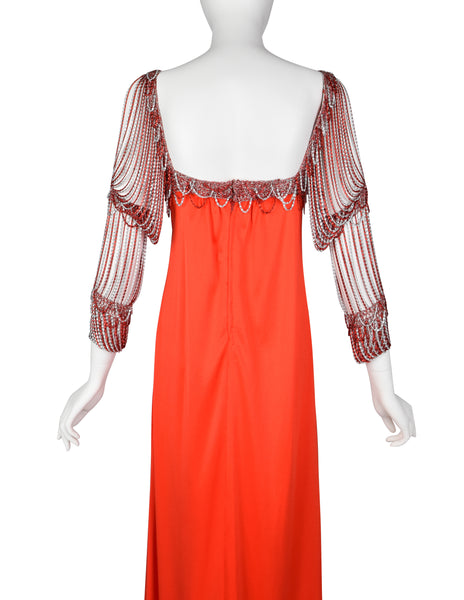 Loris Azzaro Vintage 1971 Couture Crochet Chain Red Gown with Matching Hooded Cape