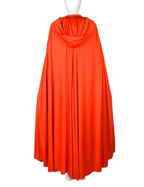 Loris Azzaro Vintage 1971 Couture Crochet Chain Red Gown with Matching Hooded Cape