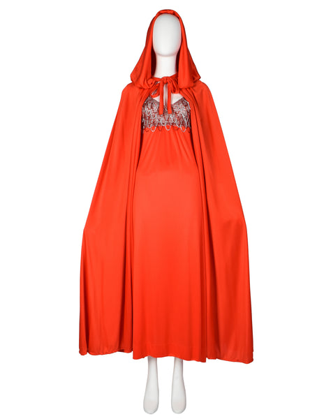 Loris Azzaro Vintage 1971 Couture Crochet Chain Red Gown with Matching Hooded Cape