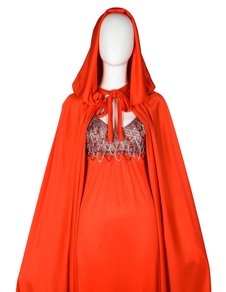 Loris Azzaro Vintage 1971 Couture Crochet Chain Red Gown with Matching Hooded Cape