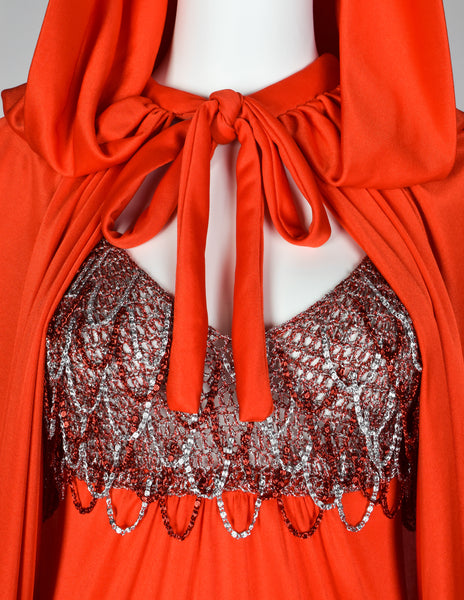 Loris Azzaro Vintage 1971 Couture Crochet Chain Red Gown with Matching Hooded Cape