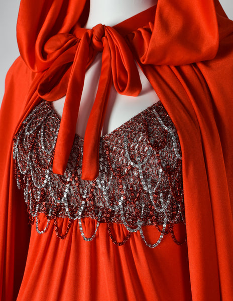 Loris Azzaro Vintage 1971 Couture Crochet Chain Red Gown with Matching Hooded Cape