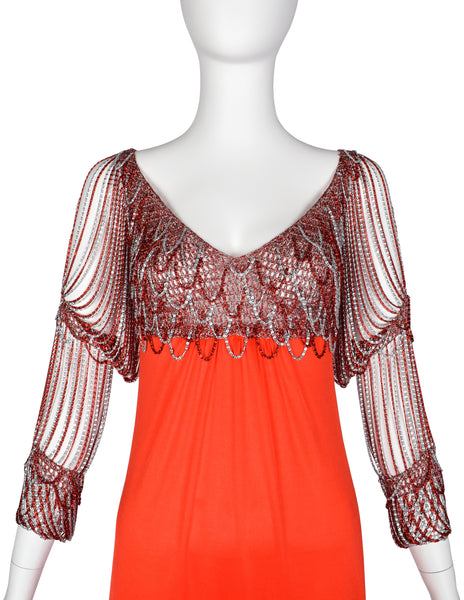 Loris Azzaro Vintage 1971 Couture Crochet Chain Red Gown with Matching Hooded Cape
