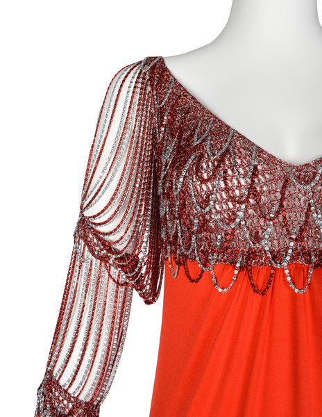 Loris Azzaro Vintage 1971 Couture Crochet Chain Red Gown with Matching Hooded Cape