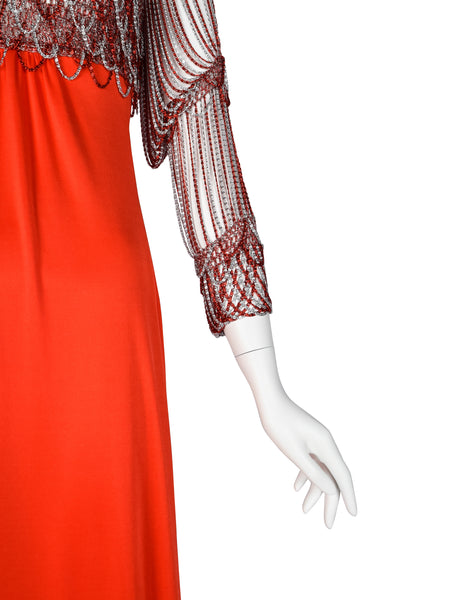 Loris Azzaro Vintage 1971 Couture Crochet Chain Red Gown with Matching Hooded Cape