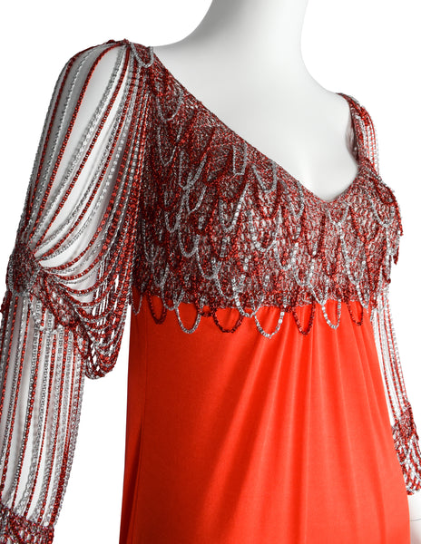 Loris Azzaro Vintage 1971 Couture Crochet Chain Red Gown with Matching Hooded Cape