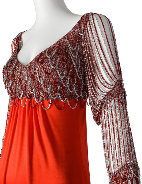 Loris Azzaro Vintage 1971 Couture Crochet Chain Red Gown with Matching Hooded Cape