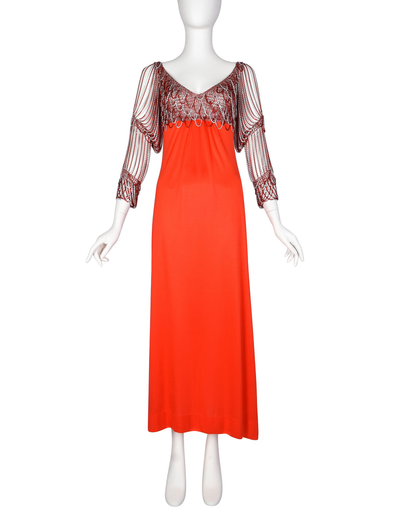Loris Azzaro Vintage 1971 Couture Crochet Chain Red Gown with Matching Hooded Cape Loris Azzaro Vintage 1971 Couture Crochet Chain Red Gown with Matching Hooded Cape