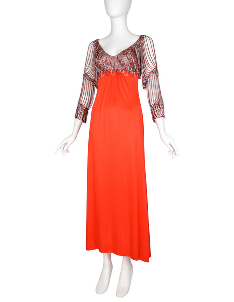 Loris Azzaro Vintage 1971 Couture Crochet Chain Red Gown with Matching Hooded Cape