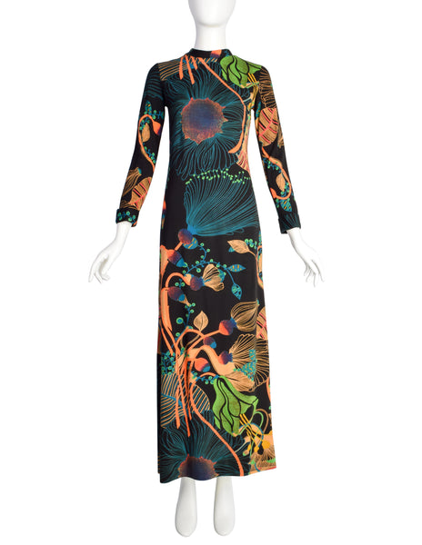 Lanvin Vintage 1970s Psychedelic Floral Jersey Maxi Column Dress