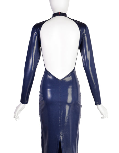 Lili Crepon Vintage 1990s Navy Blue Liquid Backless Ultra Body Con Maxi Dress