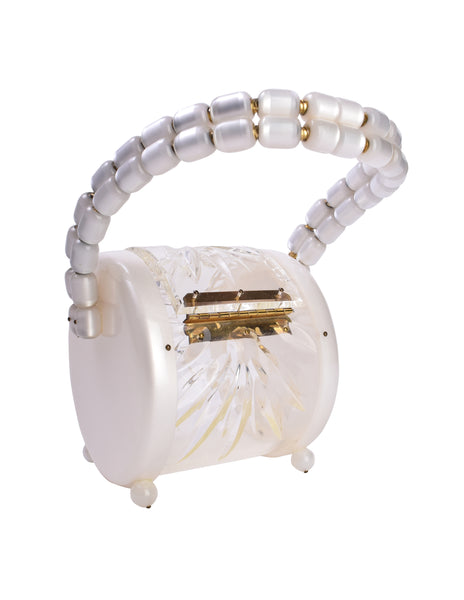 Llewellyn Vintage 1950s Marbled Pearl and Clear Carved Lucite Barrel Handbag