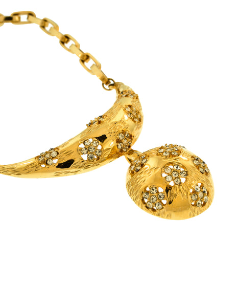 Lucien Piccard Vintage Rhinestone Flower Golden Crescent Dome Chain Necklace