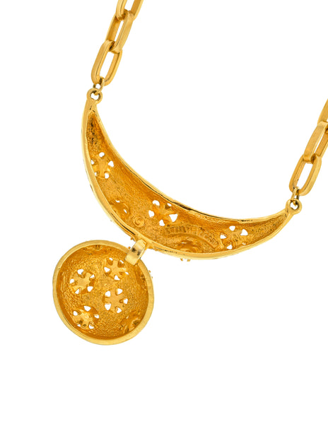 Lucien Piccard Vintage Rhinestone Flower Golden Crescent Dome Chain Necklace