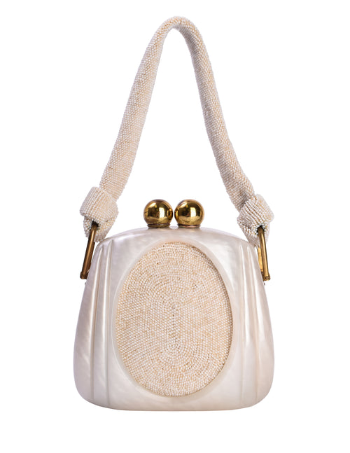 w.pcoco 様 mermaid beige×white ポシェット Fre-Mor Vintage 1940s-50s Marbled Ivory Pearl Lucite Beaded Inlay