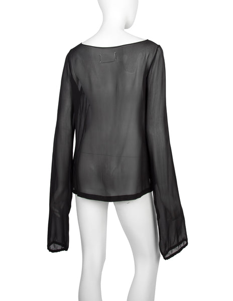 Martin Margiela Vintage SS 2001 Sheer Black Silk Chiffon Top with Extra Long Sleeves
